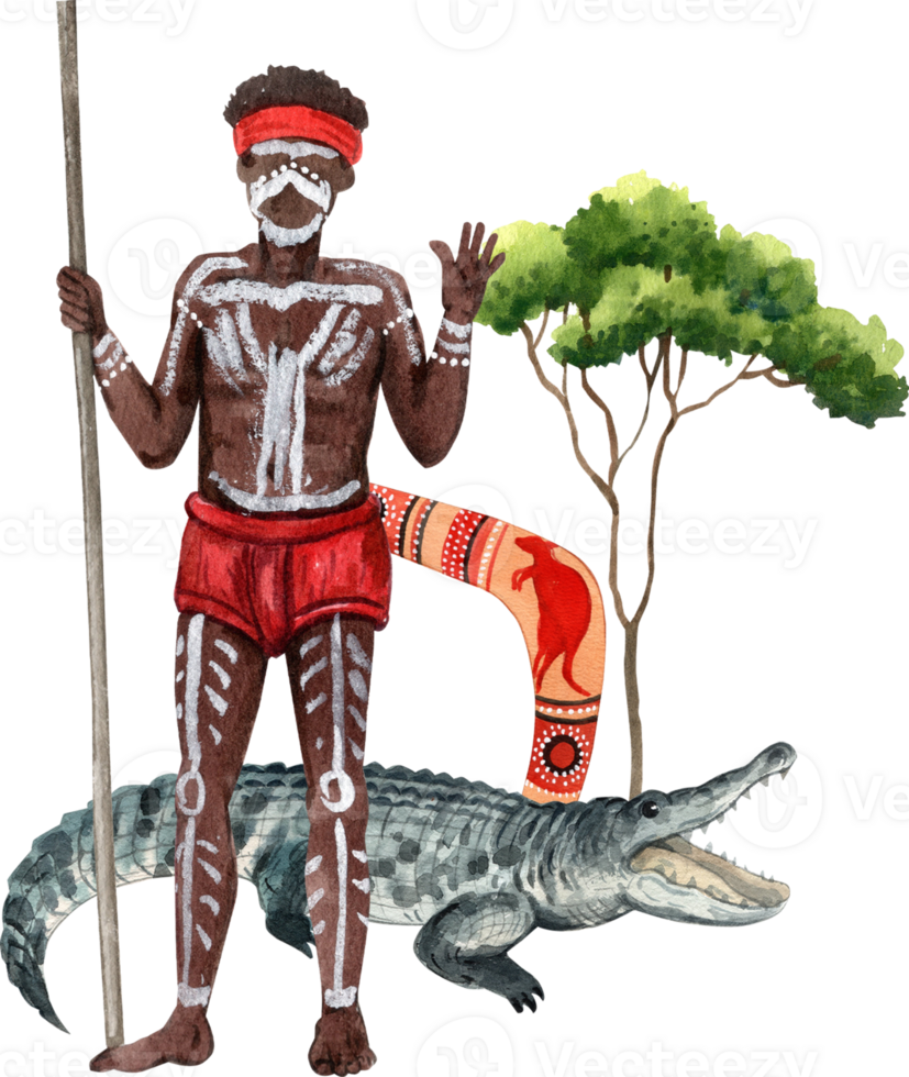 An Aboriginal man stands next to a crocodile under a tree, hand-drawn watercolor illustration png