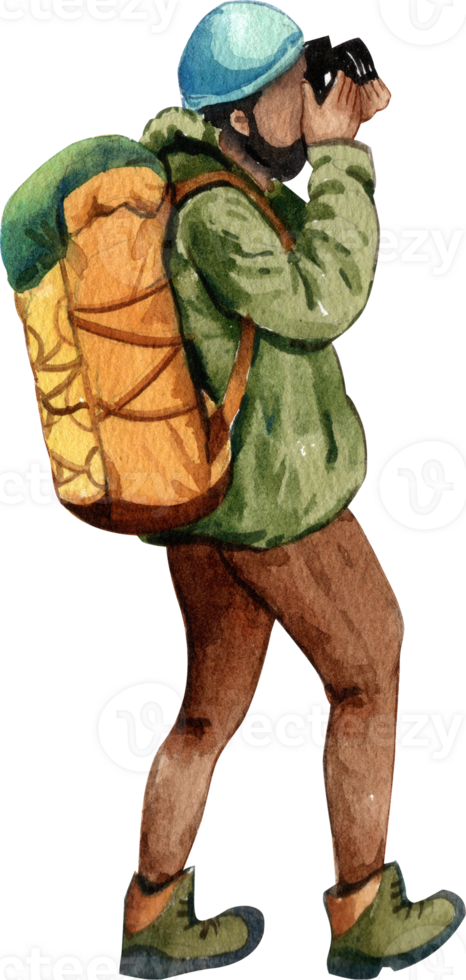 A male tourist carries a backpack and holds a camera, hand-drawn watercolor illustration png