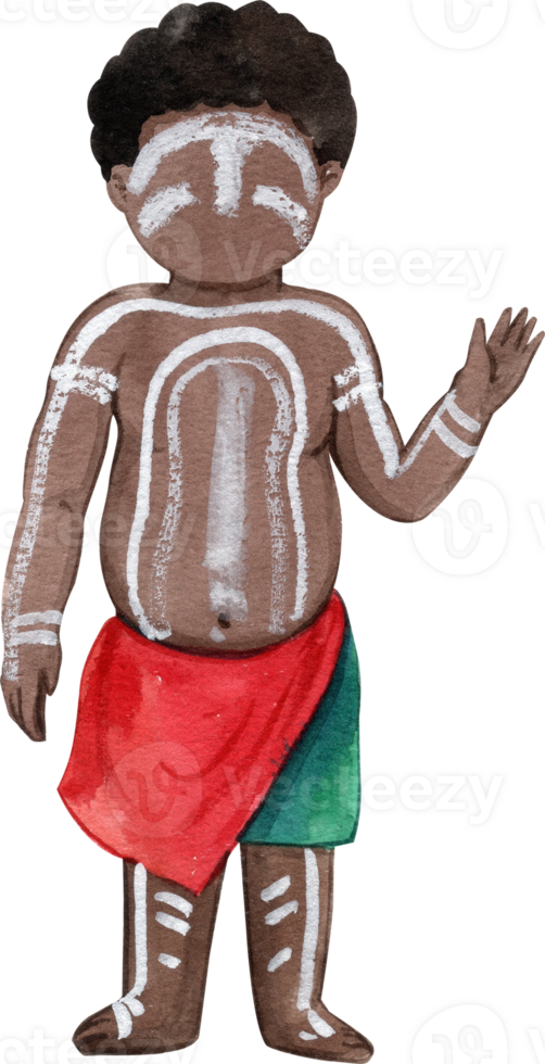 An Aboriginal child embodies the culture of Indigenous Australians, hand-drawn watercolor illustration png