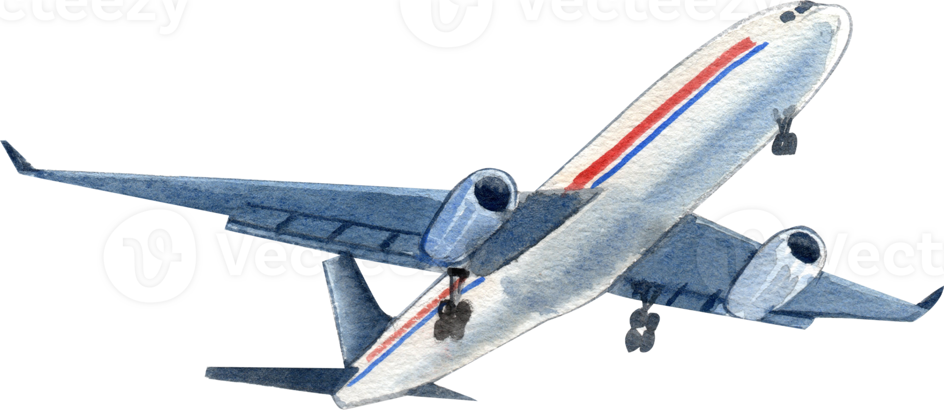 The airplane takes off gracefully, ascending rapidly into the distance, hand-drawn watercolor illustration png