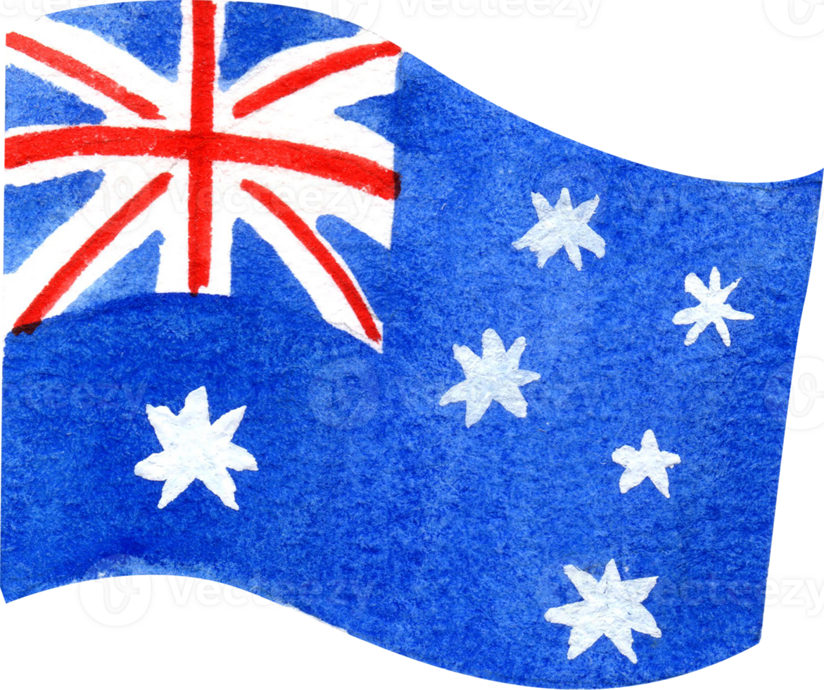 The Australian flag features a blue field with the Union Jack and stars, hand-drawn watercolor illustration png