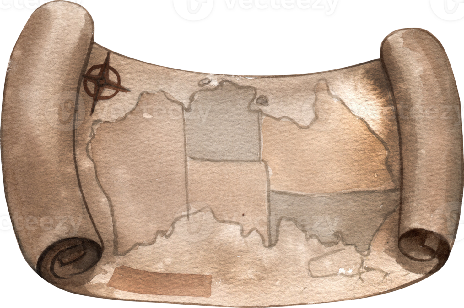 A map displays geographic features and locations, hand-drawn watercolor illustration png
