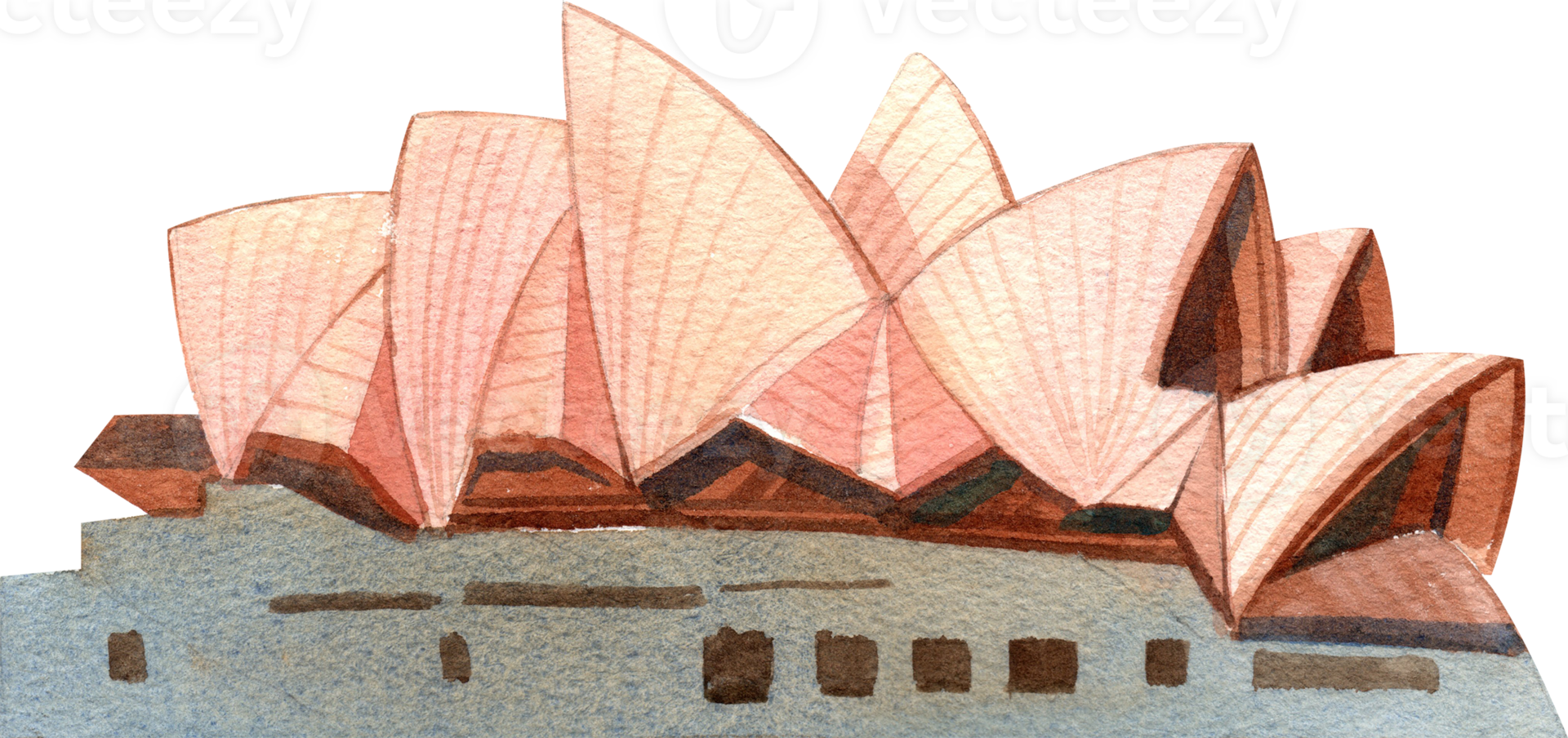 The Opera House is a famous landmark in Australia, hand-drawn watercolor illustration is an iconic venue known for its stunning architecture, hand-drawn watercolor illustration png