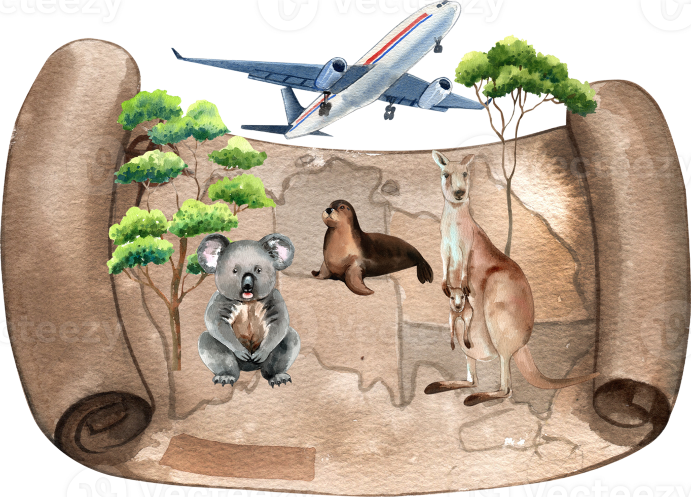Australia is renowned for its iconic animals, including koalas, kangaroos, and fur seal, hand-drawn watercolor illustration png