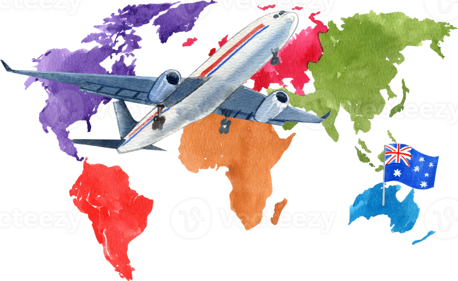 The airplane is soaring towards the beautiful continent of Australia, hand-drawn watercolor illustration png