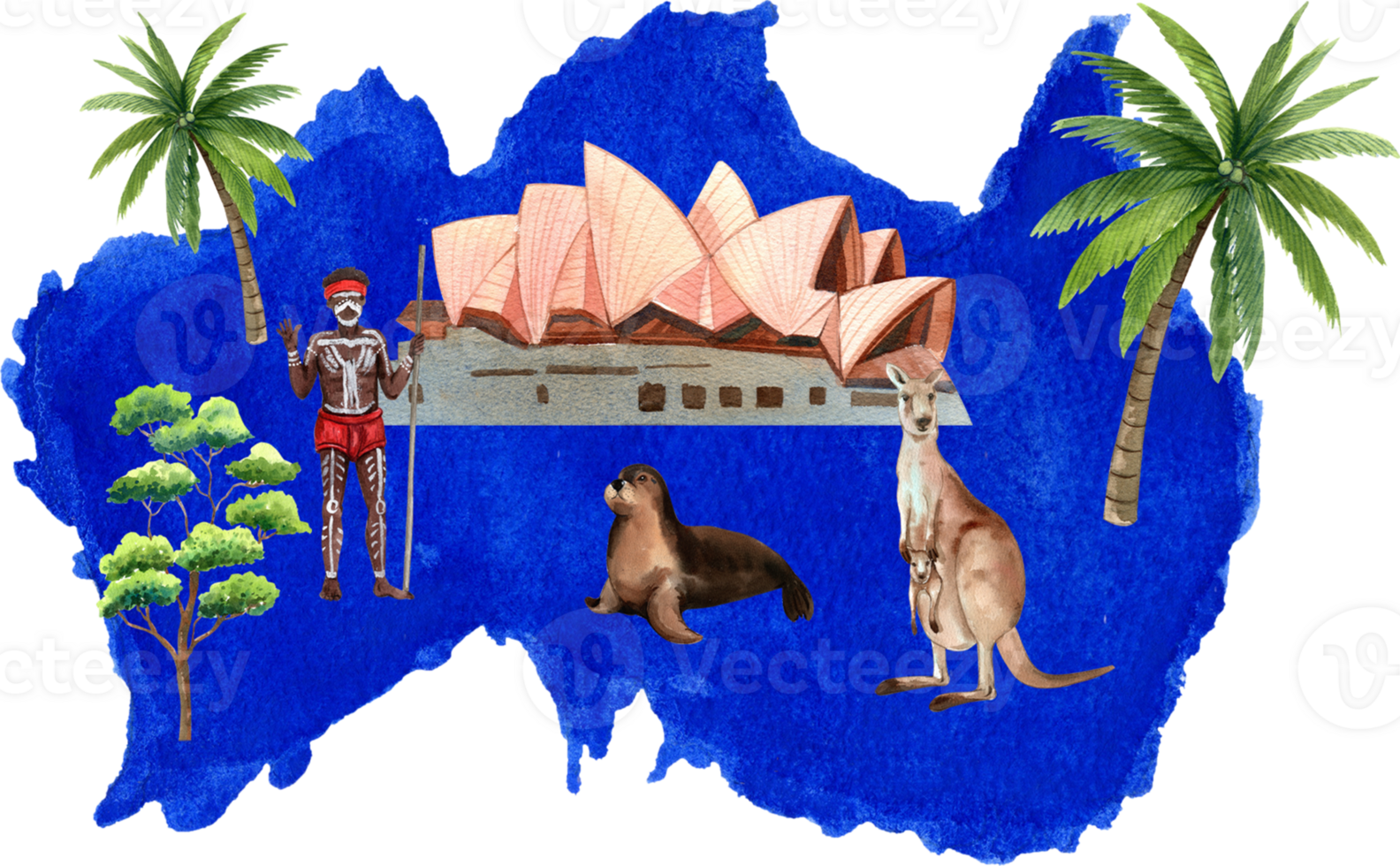 The Australian continent features the Opera House, kangaroos, fur seal and Aboriginal tribes, hand-drawn watercolor illustration png
