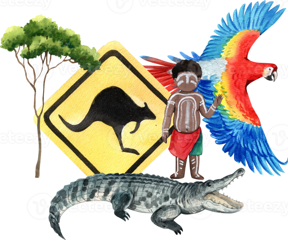 An Aboriginal child stands next to a crocodile, hand-drawn watercolor illustration png