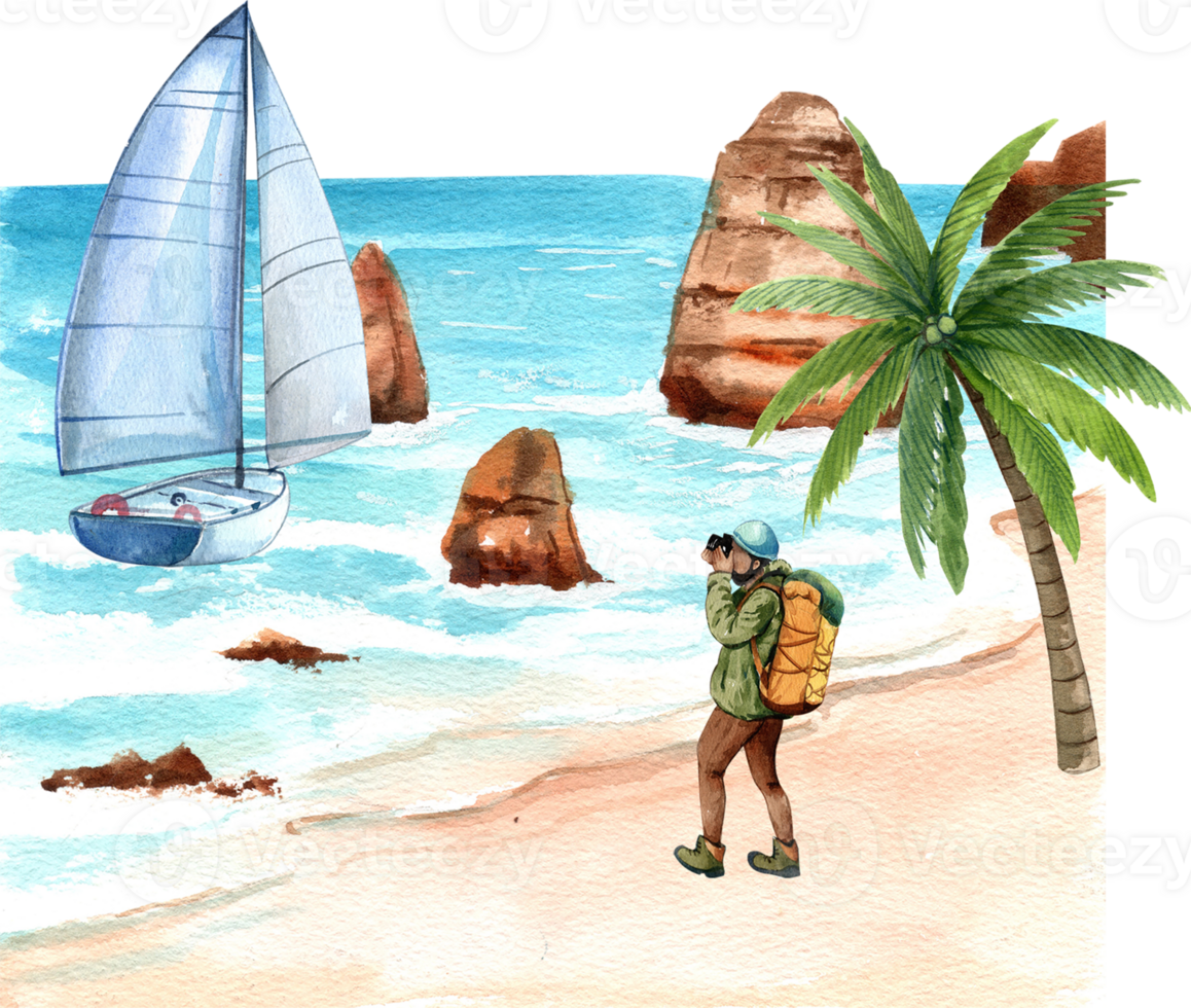 Tourists are taking pictures of the sailboat, hand-drawn watercolor illustration png