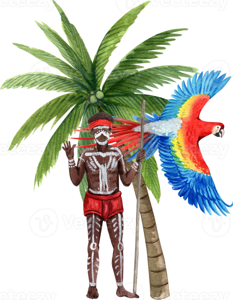 An Aboriginal man takes a photo with a macaw under a coconut tree, hand-drawn watercolor illustration png