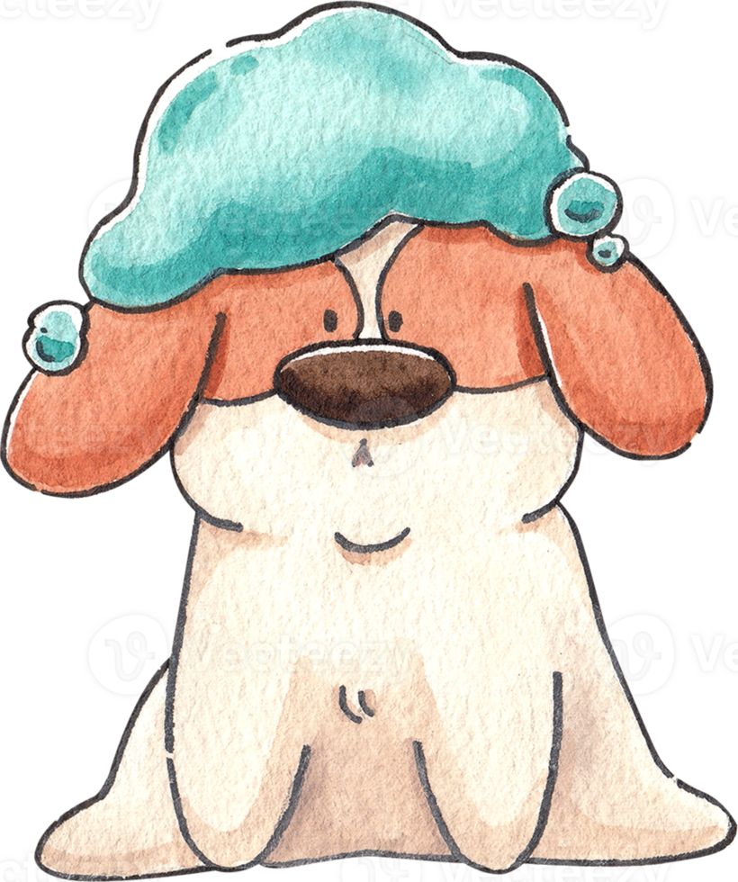 Dog with shampoo on its head, hand-drawn watercolor illustration png