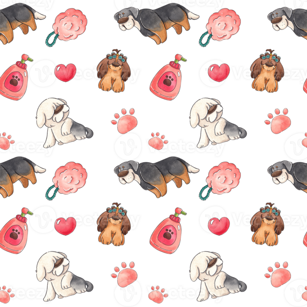 Flawless Pet Grooming, hand-drawn watercolor painting pattern seamless design png