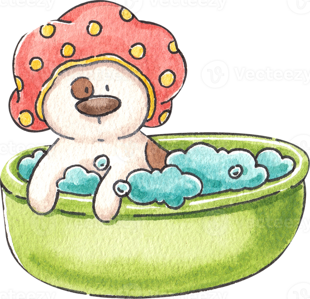 Dog soaking in soapy water with a shower cap, hand-drawn watercolor illustration png