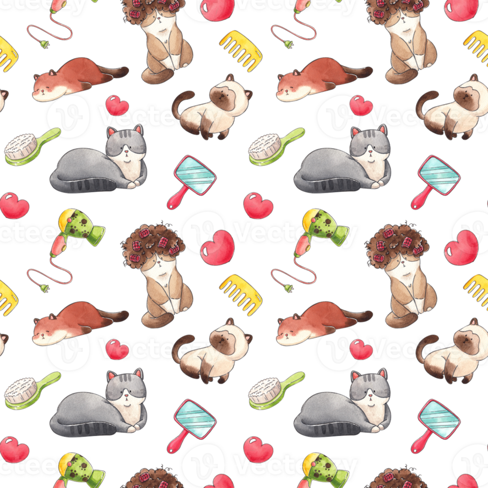 Ultimate Cats Grooming, hand-drawn watercolor painting pattern seamless design png