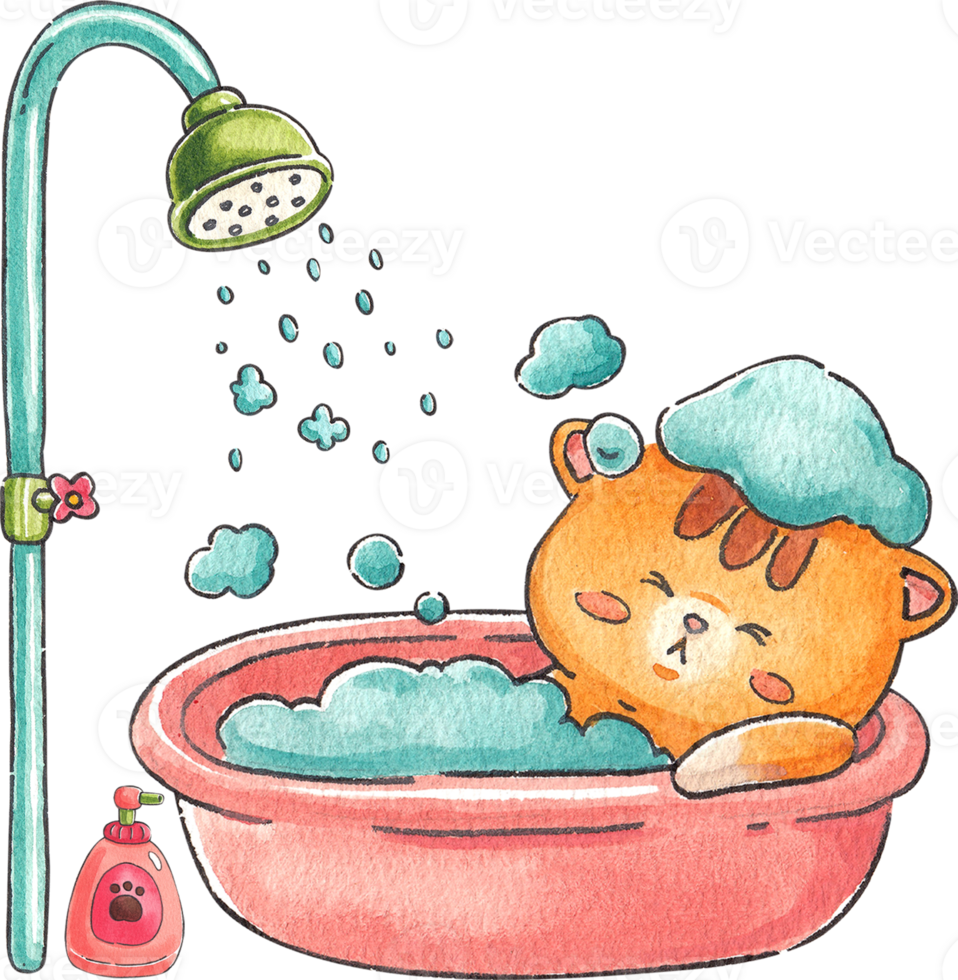 Cat lounging in soapy bubbles, hand-drawn watercolor painting illustration png