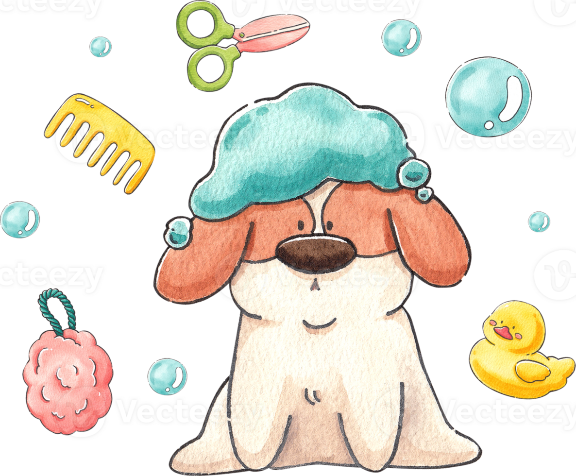 Dog bathing with a rubber duck, comb, scissors, and loofah nearby, hand-drawn watercolor painting illustration png