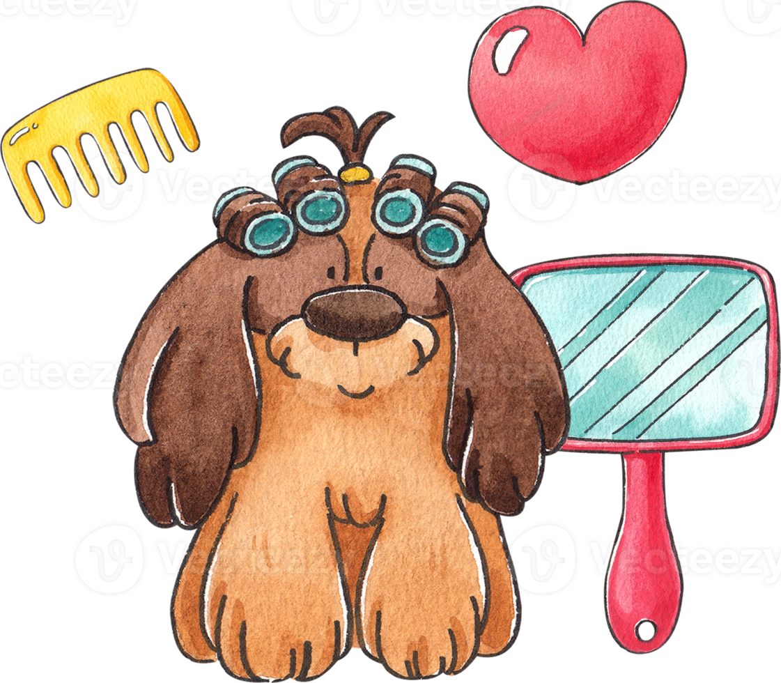 Dog getting a haircut with a comb and mirror nearby, hand-drawn watercolor painting illustration png
