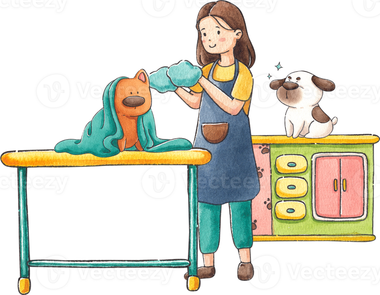 Woman drying a dog, with another dog that has just finished bathing, hand-drawn watercolor painting illustration png