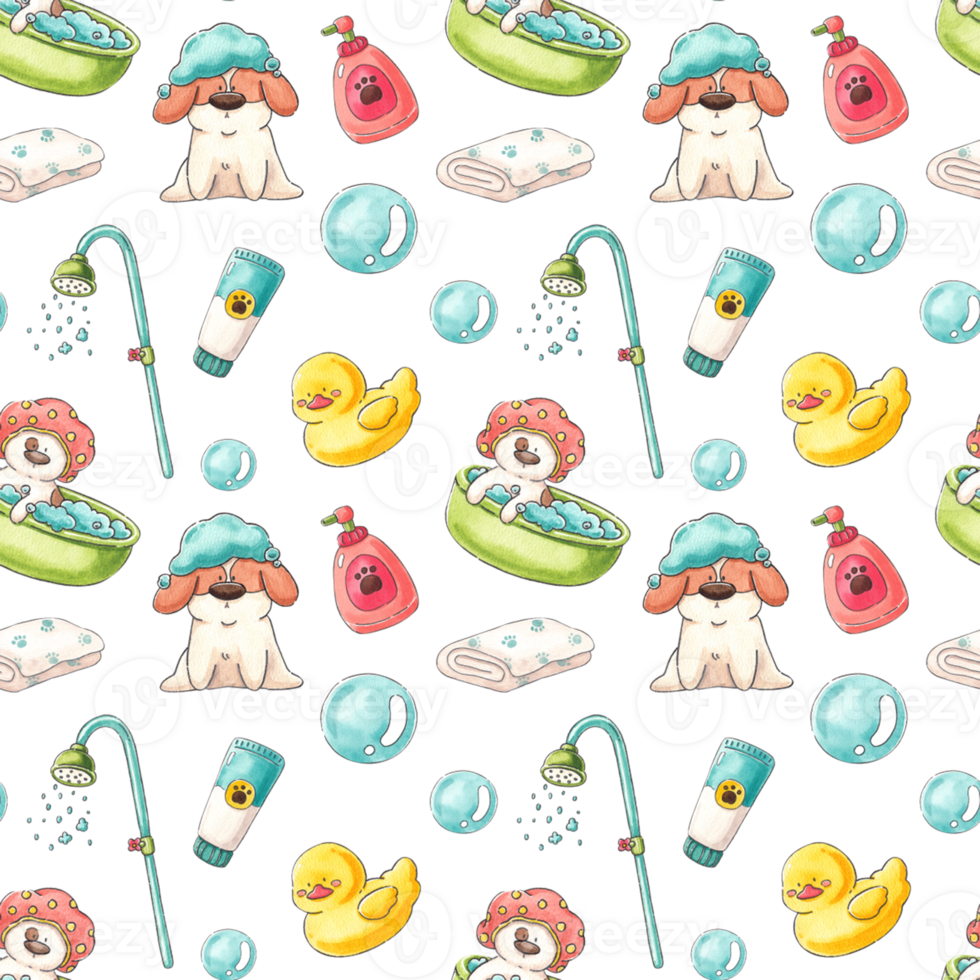 Dogs' Grooming Perfection, hand-drawn watercolor painting pattern seamless design png