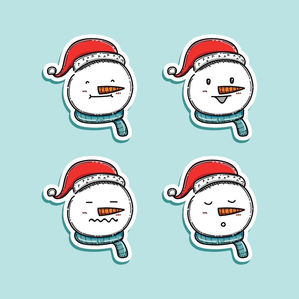 Cute simple snowman head pack collection illustration design. Snowman face, head, icon, isolated on blue background. Character merry christmas vector