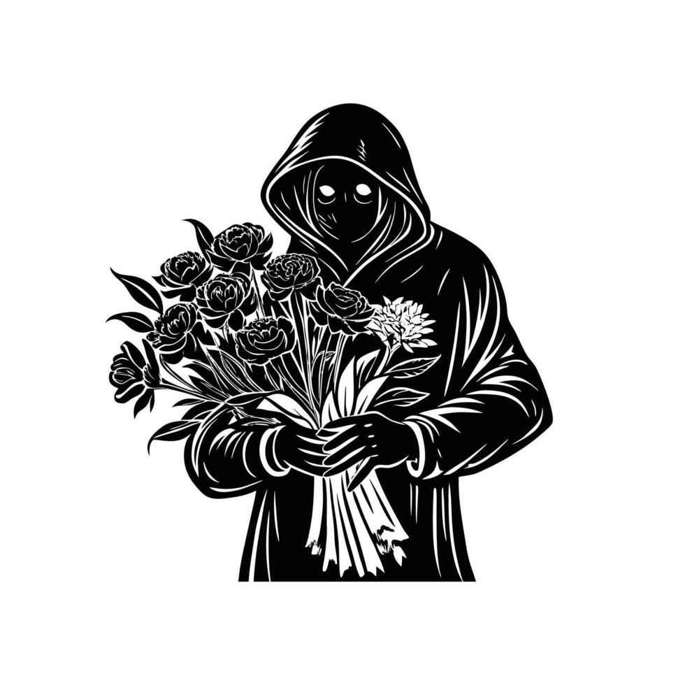 A mysterious figure in a dark cloak holds a bouquet of pink roses, blending beauty and intrigue in a captivating way. vector