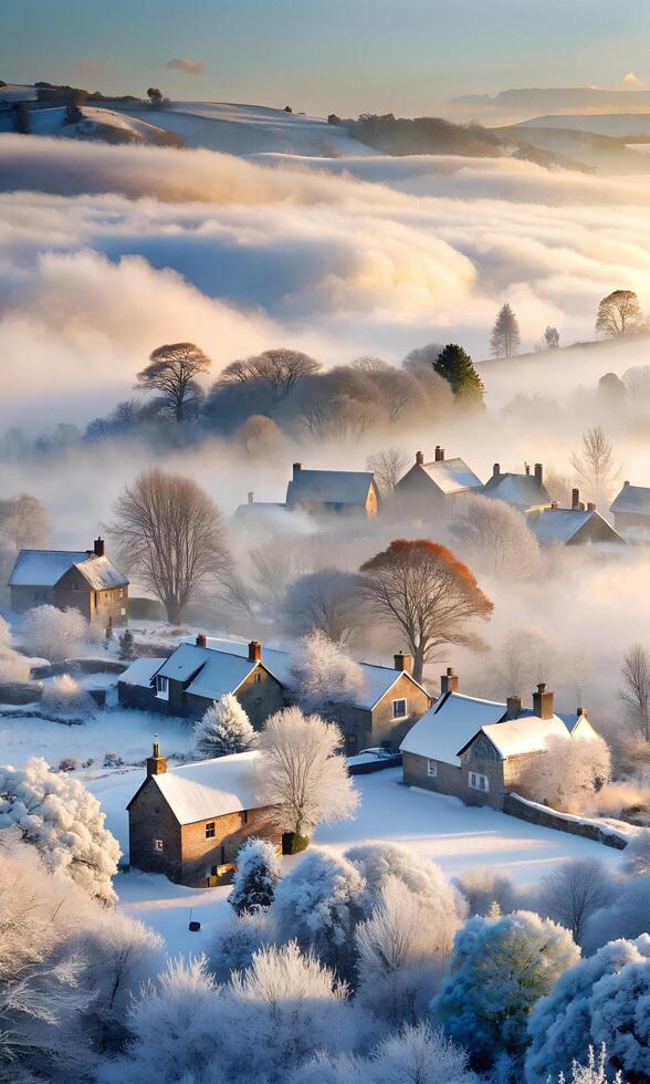 Beautiful illustration of a winter fog village with a cozy snowy villa photo