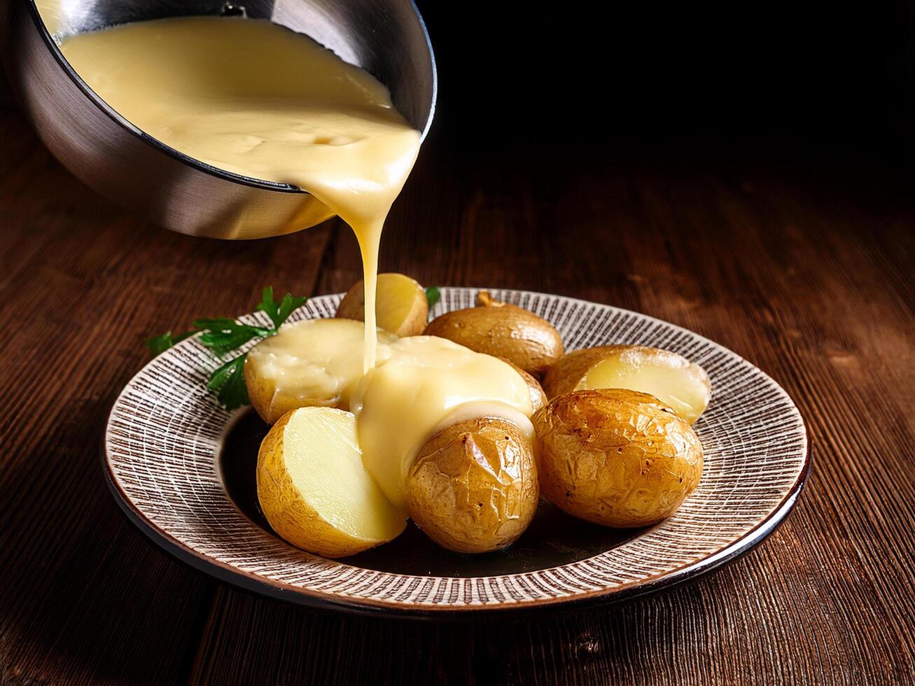 Potatoes with cheese sauce photo