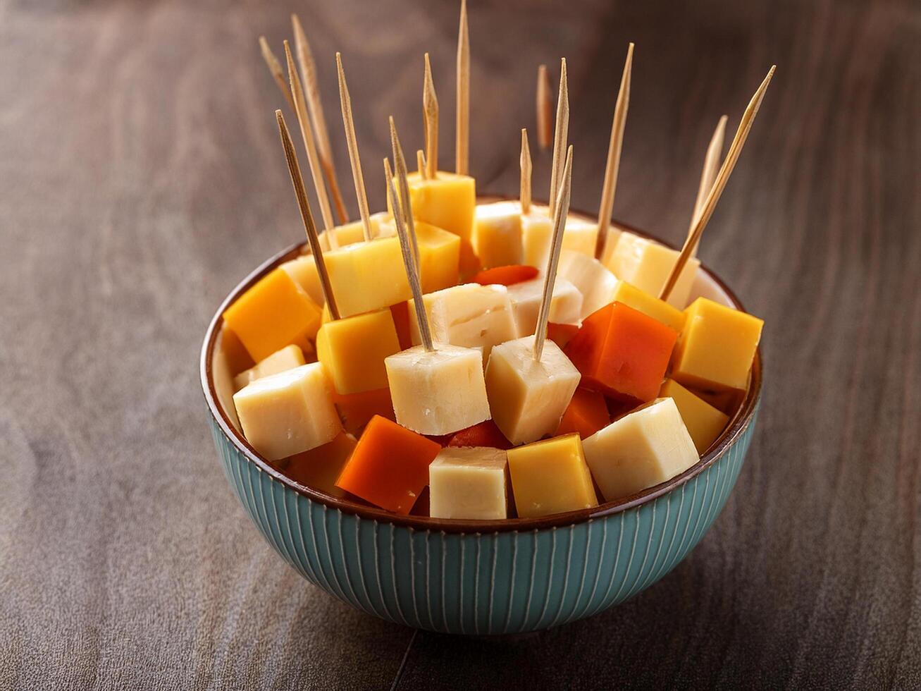 Cheese and carrot skewers in a bowl photo