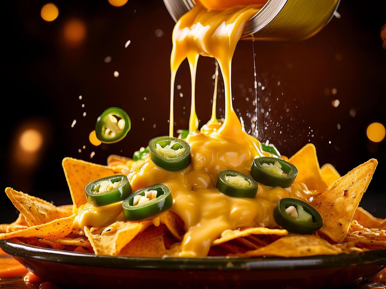 Hot, melted cheese being poured generously over a plate of crispy nachos. The golden cheese cascades down, coating the nachos with a rich, creamy layer, creating the perfect snack or appetizer photo