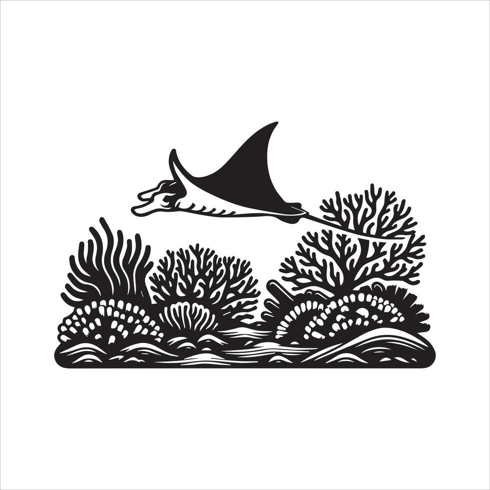 Sea life illustration in black and white, Underwater Scene ClipArt Design vector