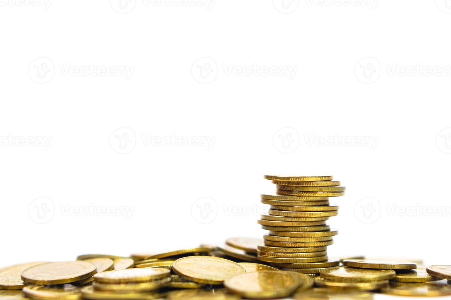 Pile of golden money coin on white background. Business, profit and financial concept. photo