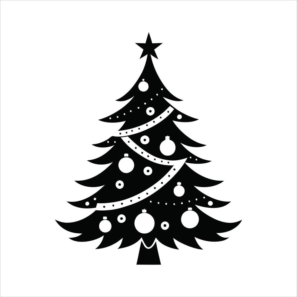 Christmas Tree With lights Silhouette clipart illustration in black and white vector
