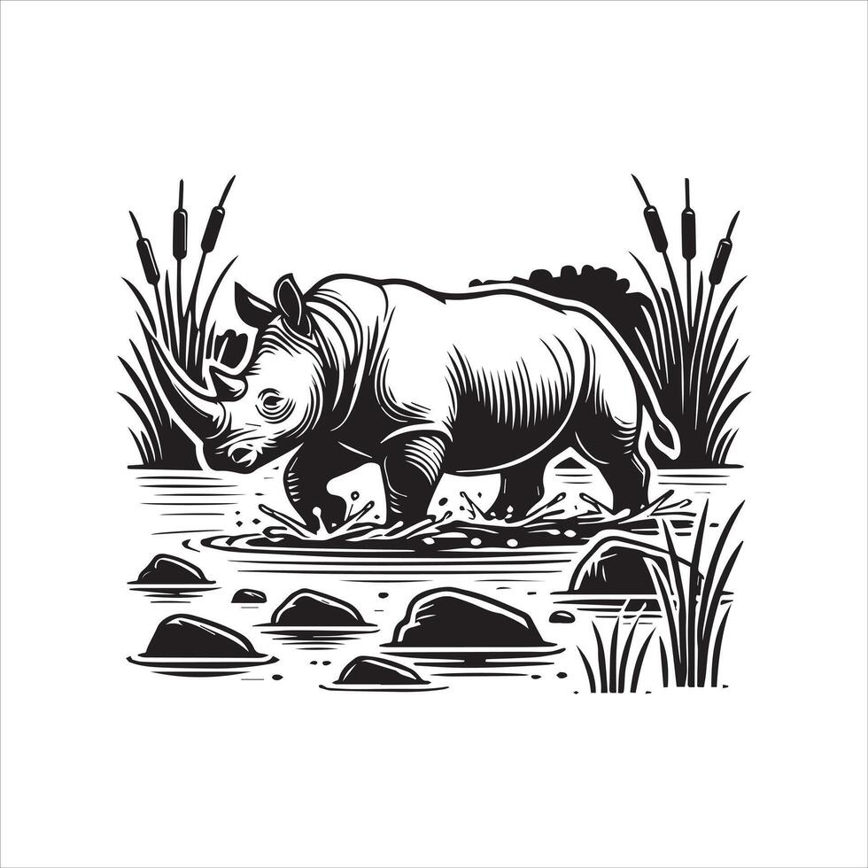 Rhinoceros with forest ClipArt Design - Rhinoceros illustration in black and white vector