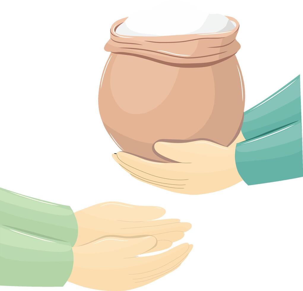 Hands Holding and Receiving Rice Bag for Zakat Fitrah. Zakah Illustration of Islamic Obligatory Charity vector