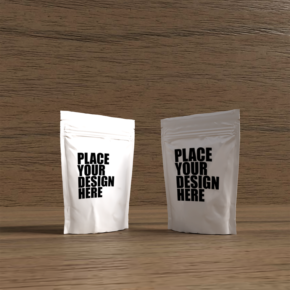 double pouch packaging for snacks and drinks wood background psd