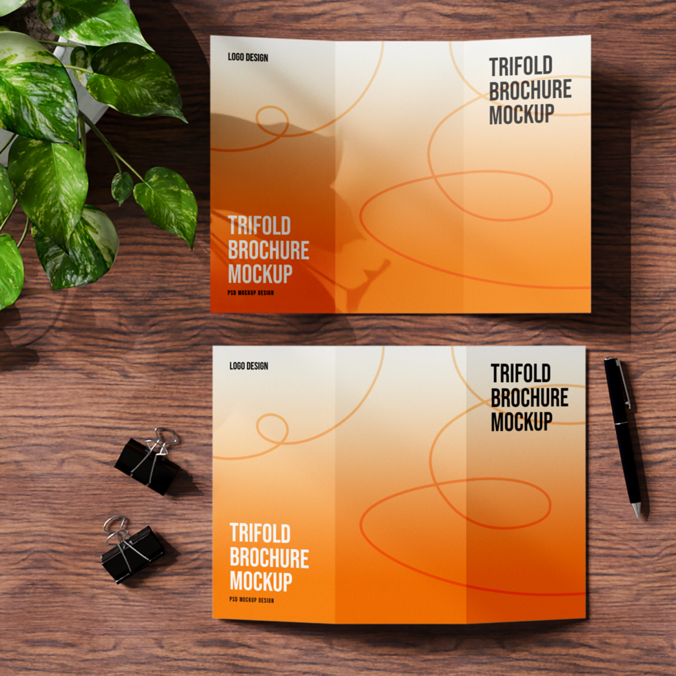 Trifold Mockup Designs , 2 Sides on a Table psd