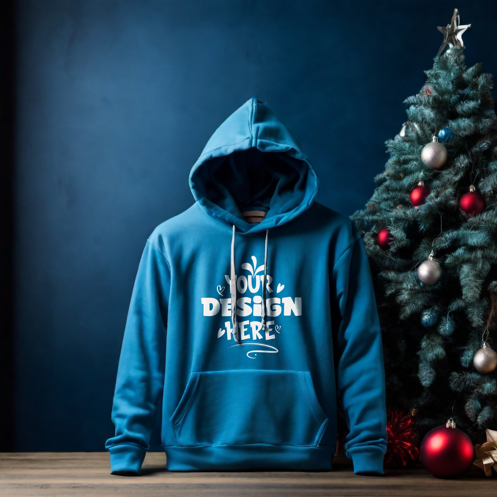 Blue Hoodie Mockup with Funny Christmas Treebackground psd