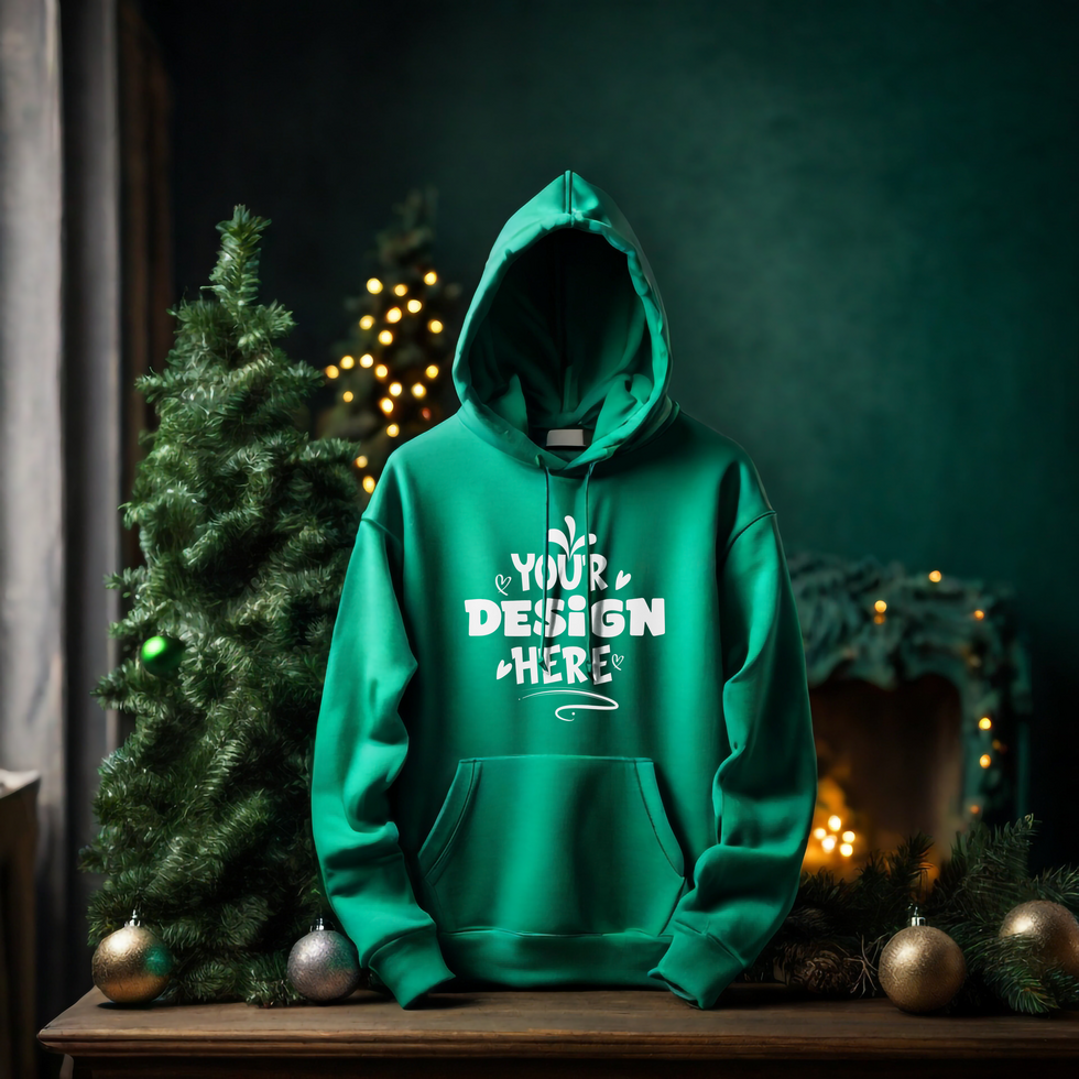 Green Hoodie Mockup with Christmas Dark background psd