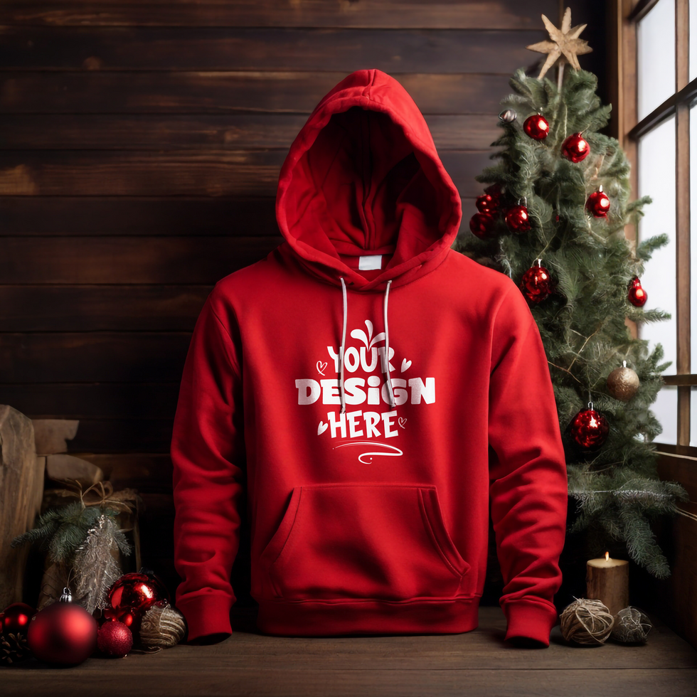 Red Hoodie Mockup with Christmas Wooden background psd
