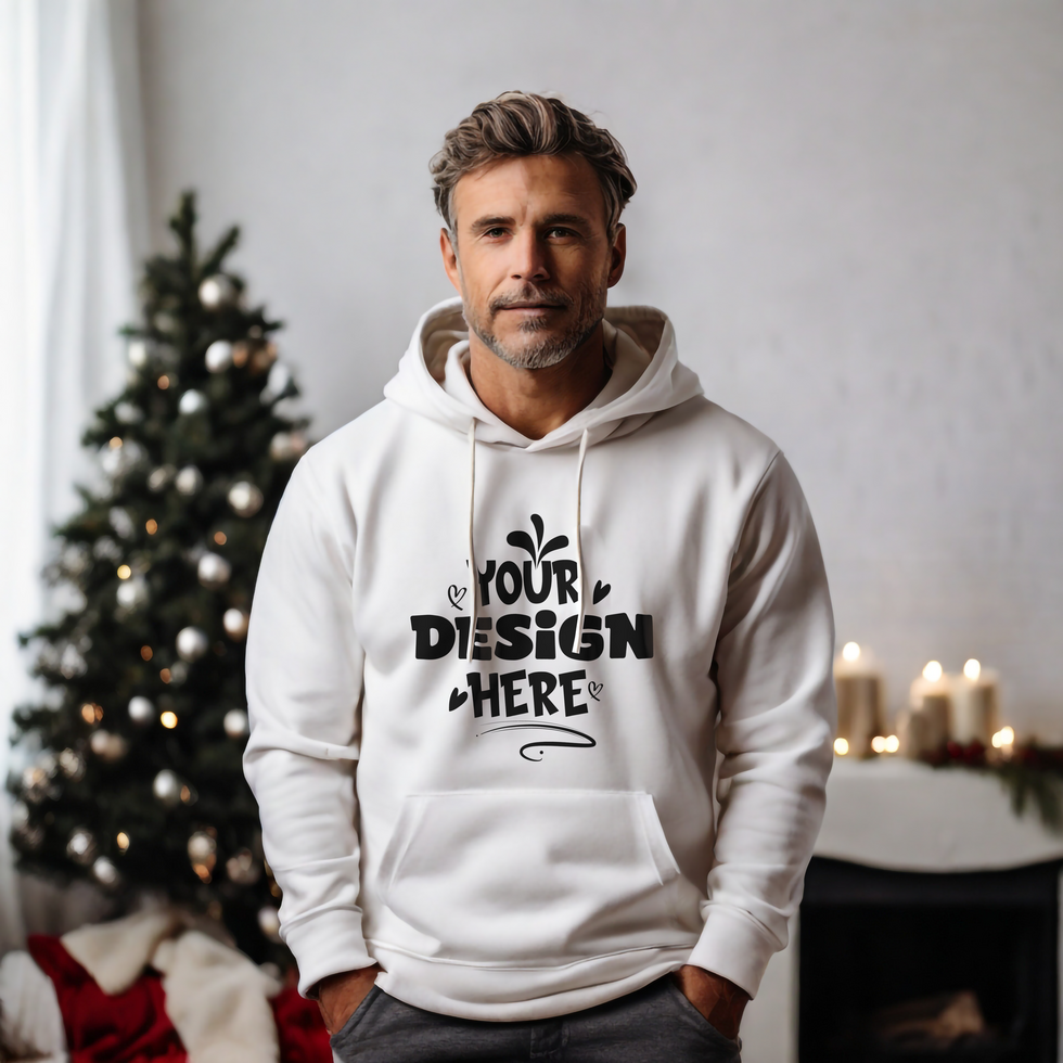 White Hoodie Mockup Wearing By Man with Christmas tree and candle background psd