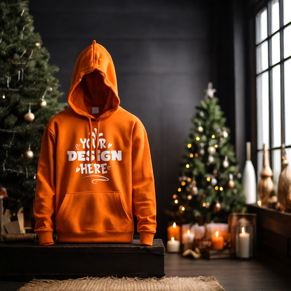 Orange Hoodie Mockup with Christmas candle background psd