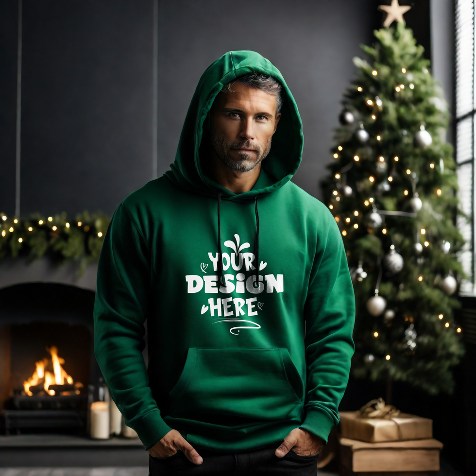 Green Hoodie Mockup Wearing By Man with Christmas Tree Dark background psd