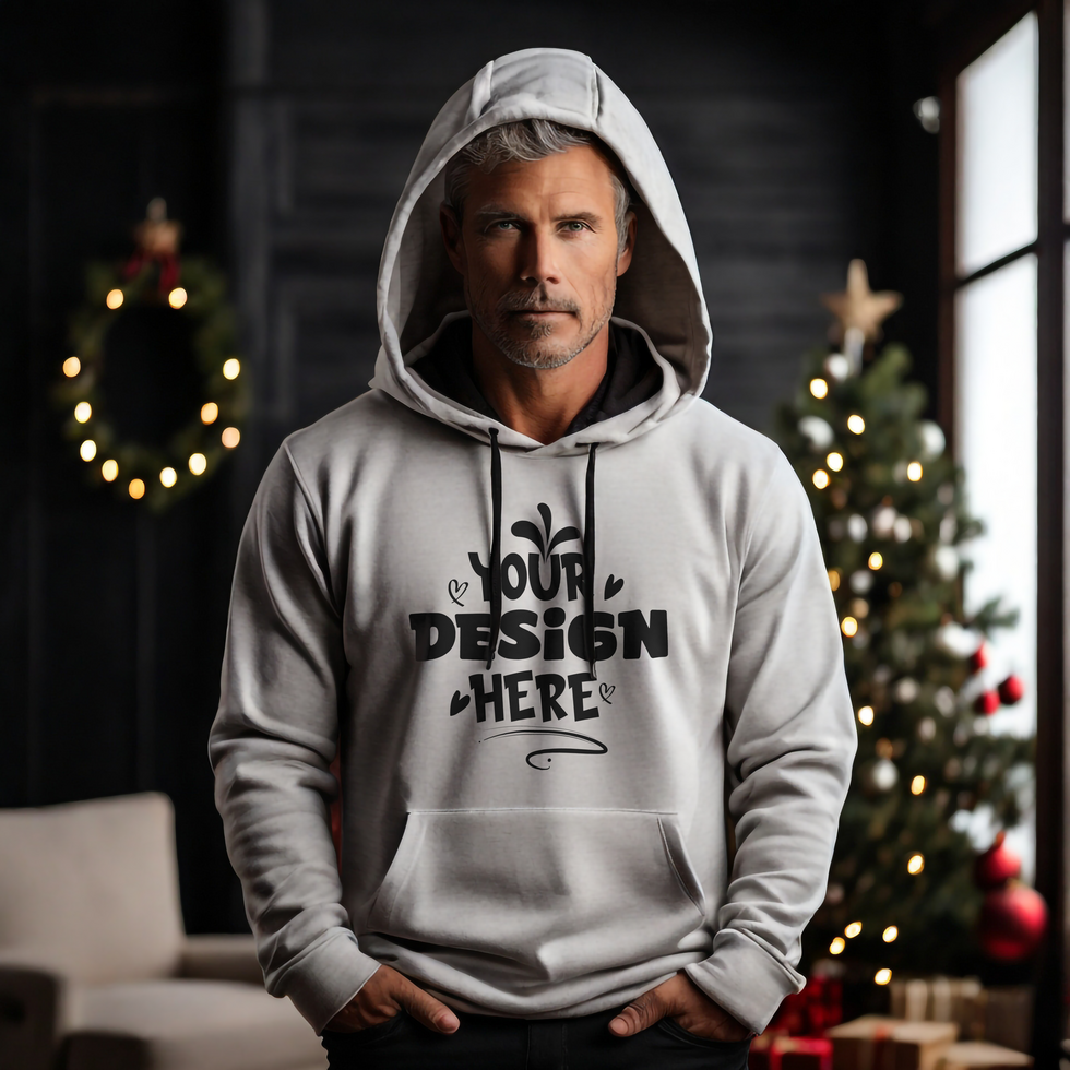Soft Gray Hoodie Mockup Wearing By Man with Christmas lighting background psd