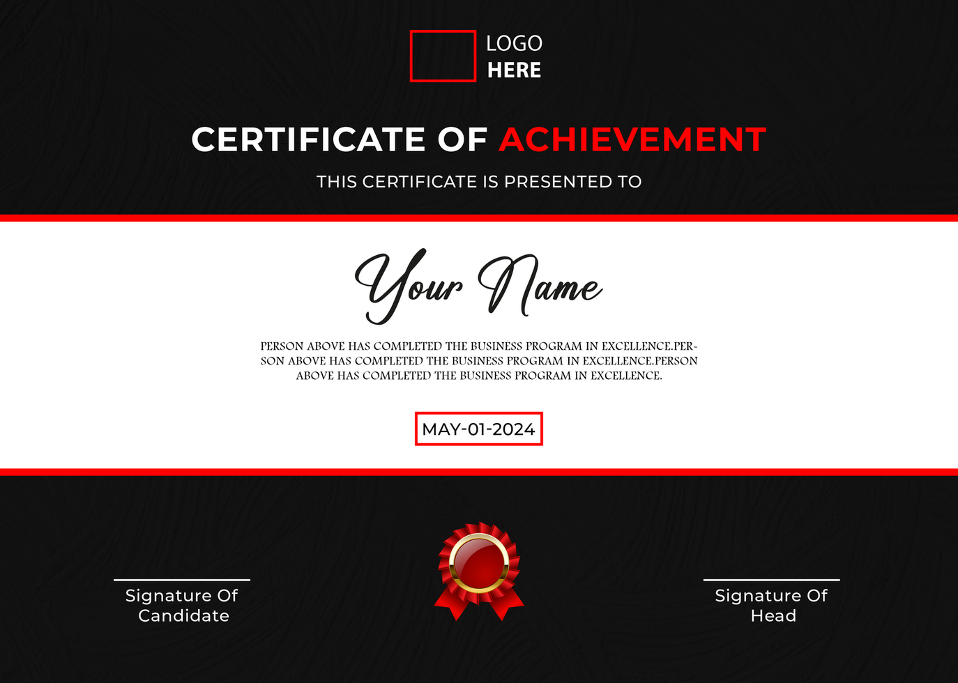 Simple and Attractive Black and Red certificate of achievement psd