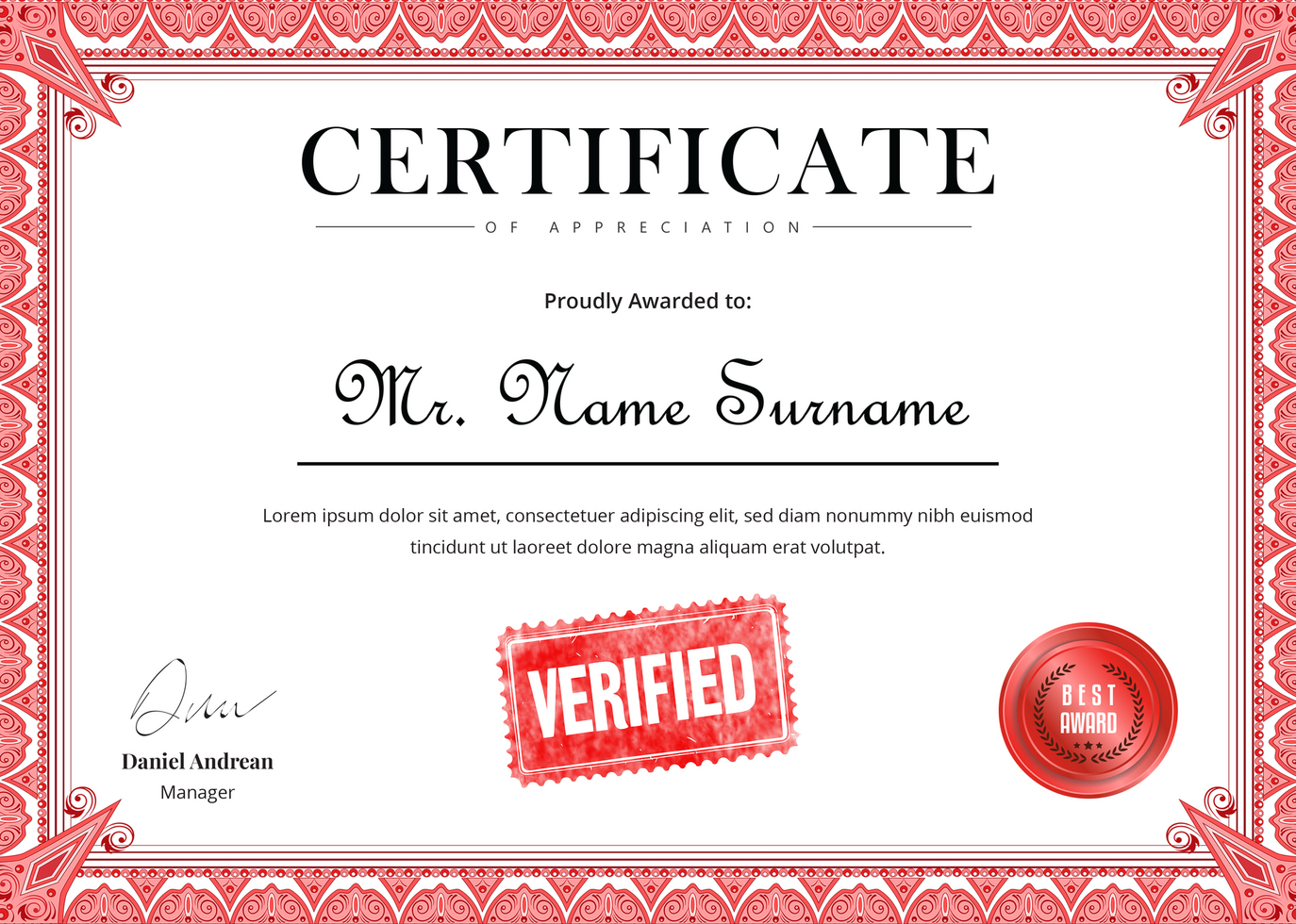 Certificate of Appreciation with Floral Style Border psd