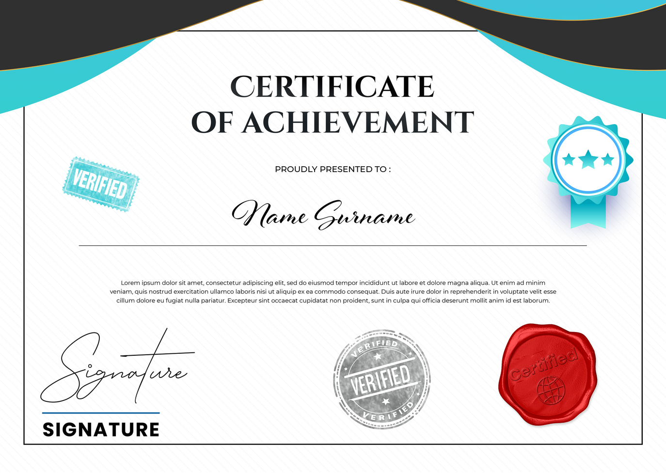 Cyan and Black Certificate of Achievement psd