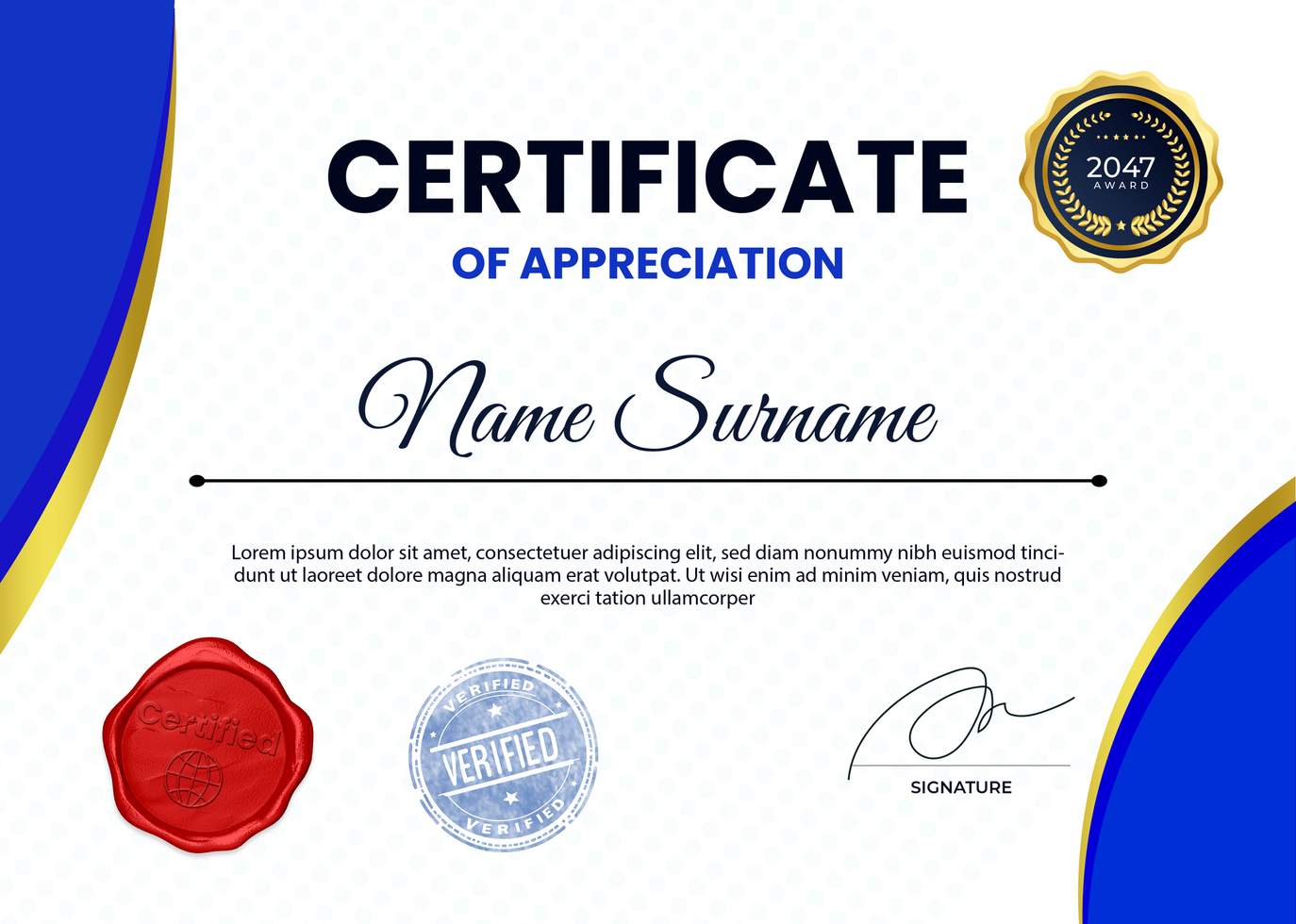 Minimalist Certificate of Appreciation with Blue and Golden Curves psd