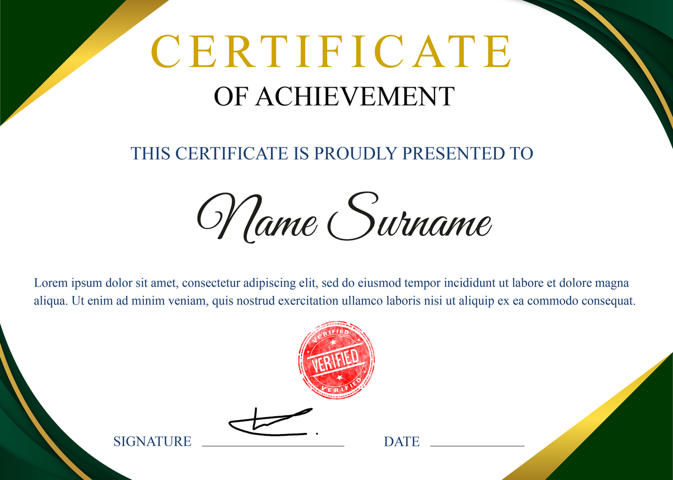 Certificate of Achievement with Green and Golden Borders psd