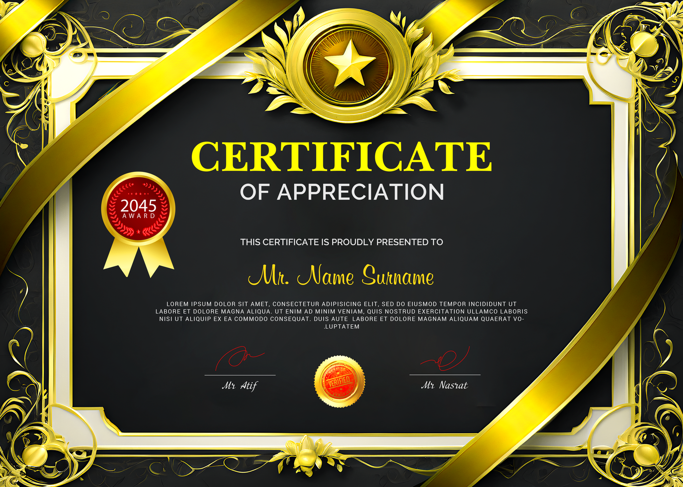 Royal Style Gold Ribbon Certificate of Appreciation psd