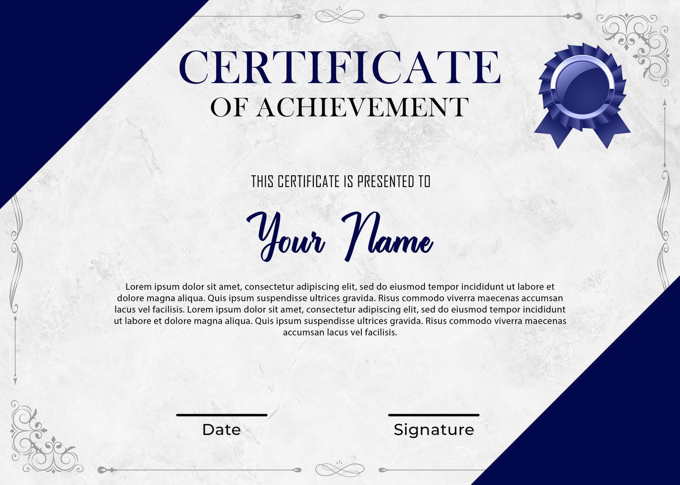 Certificate of Achievement Template Design in Blue psd