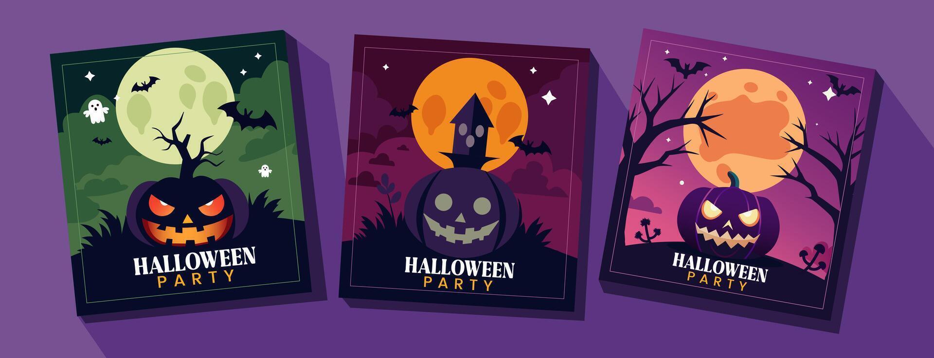 Halloween Party Posters with Spooky Pumpkins and Moonlight Backgrounds vector